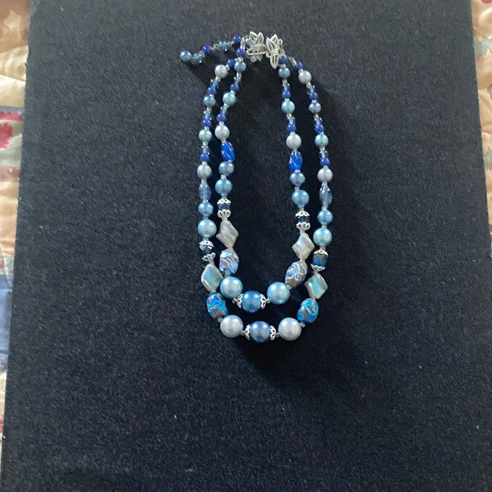 Japan Vintage double strand  beaded necklace blues & silvers